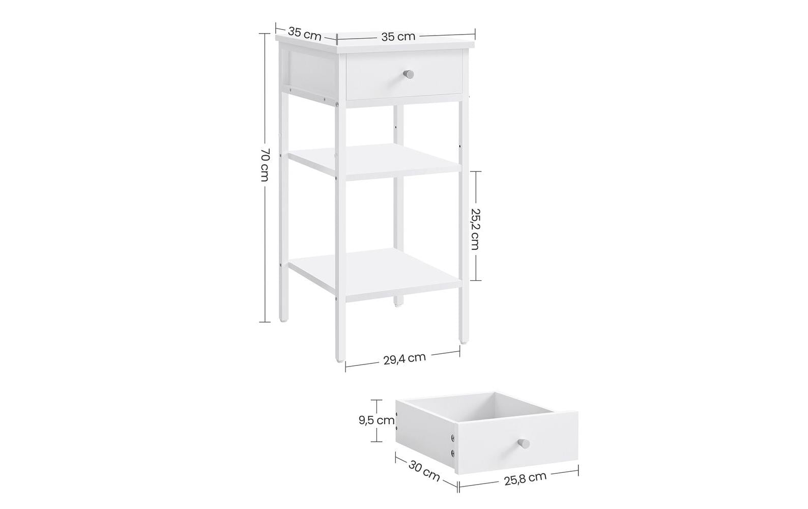 Nachttisch 35 x 70 cm, WeissBeistelltisch mit Schublade