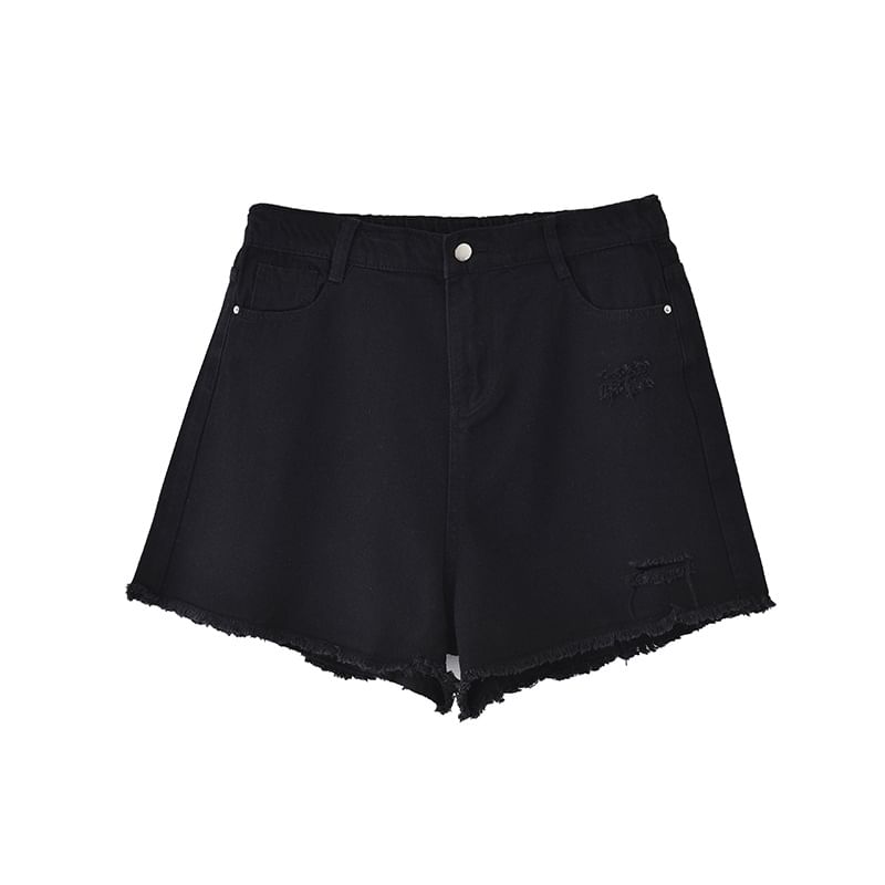 Krezol - Plus Size Hoge Taille Gewassen Gerafelde Versleten Wijde Denim Shorts