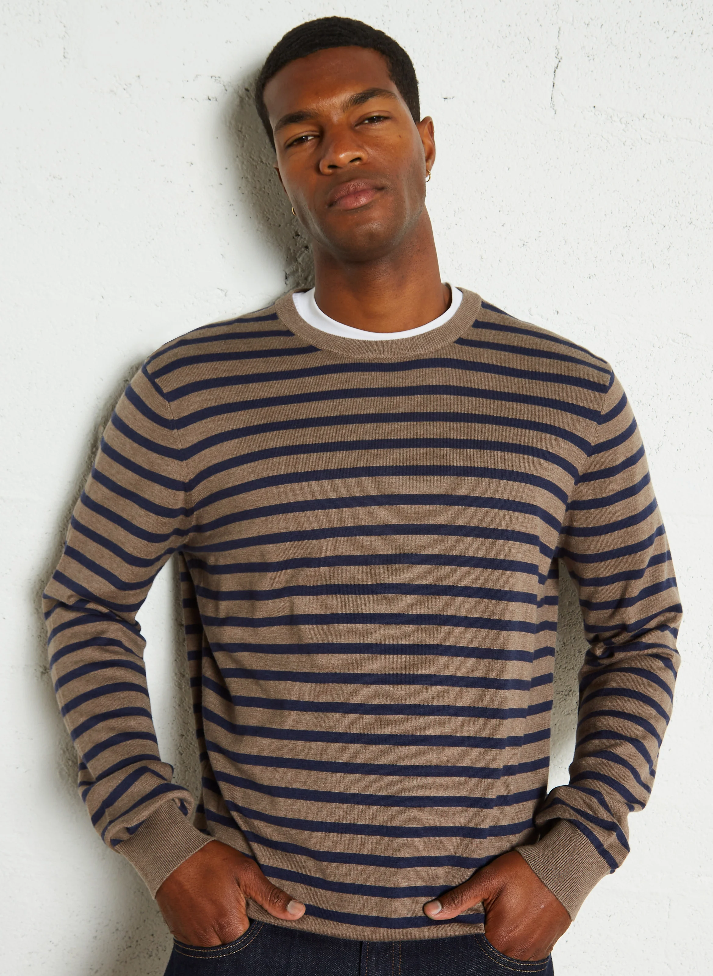 Pull col rond rayé en coton et en soie mélangés | Multicolore