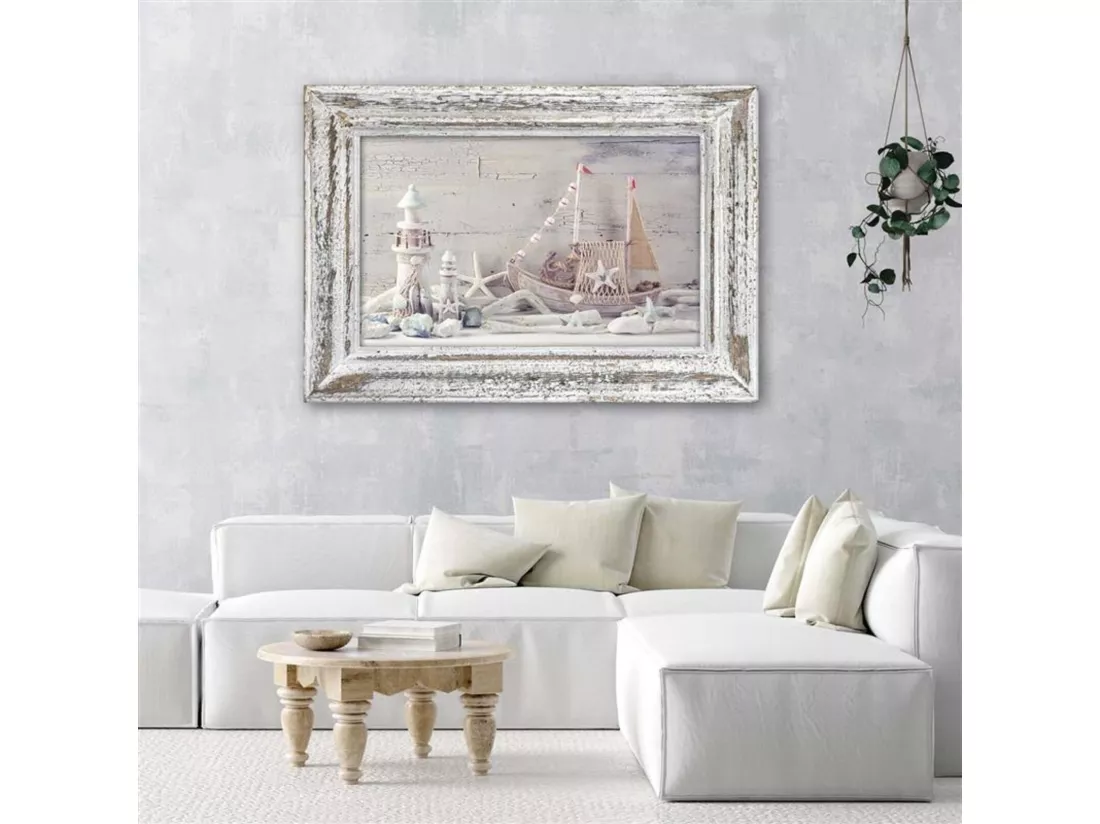 Tableau bois souvenirs de la mer dans un cadre en bois shabby chic - 120 x 80 cm