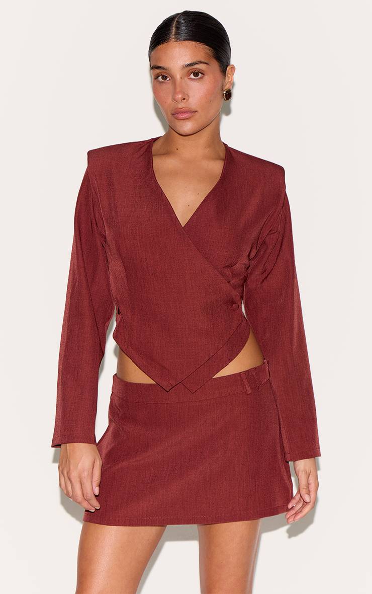 Orange Brûlé Haut Asymétrique À Boutons Manches Longues En Tissu Tissé Petite
