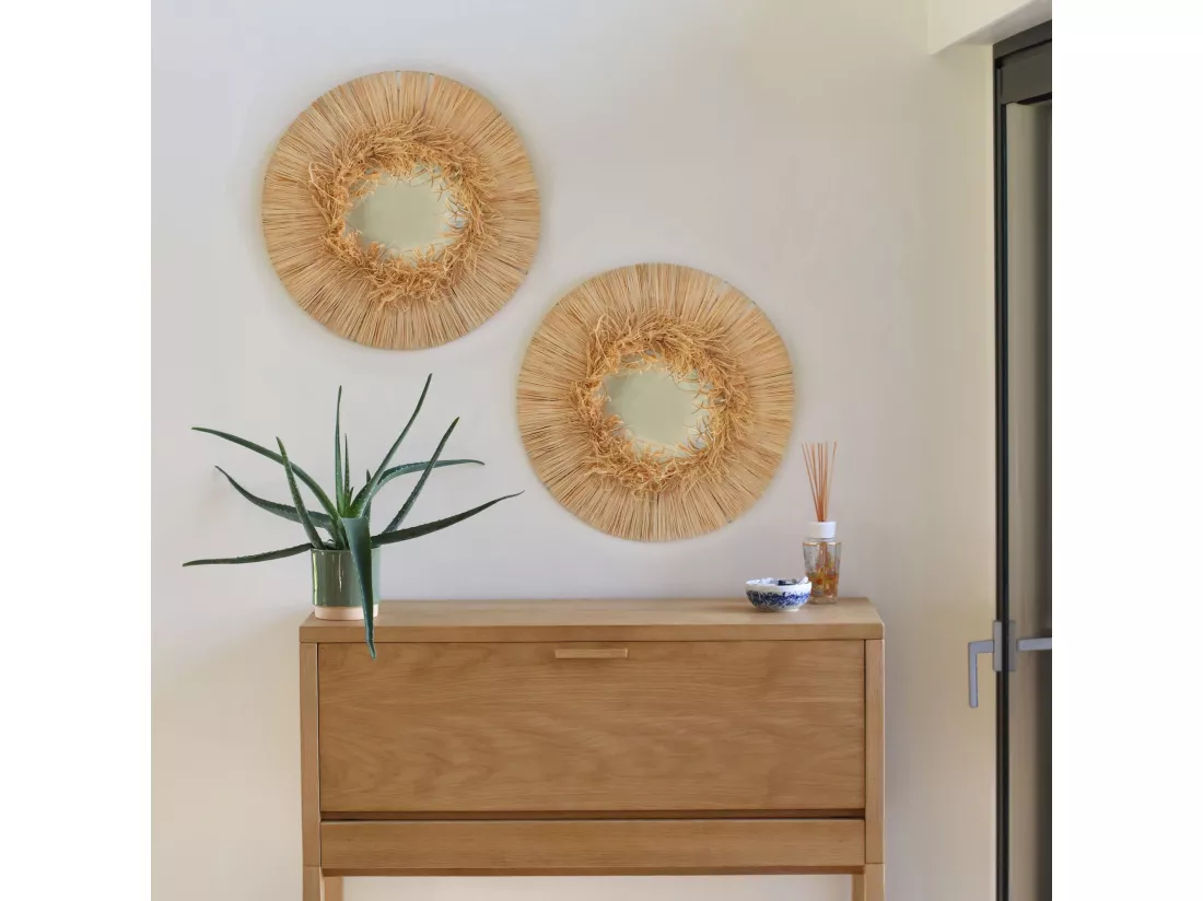 Now's Home - Miroir Rond En Raphia Naturel Fait Main Diametre 55cm El Nido