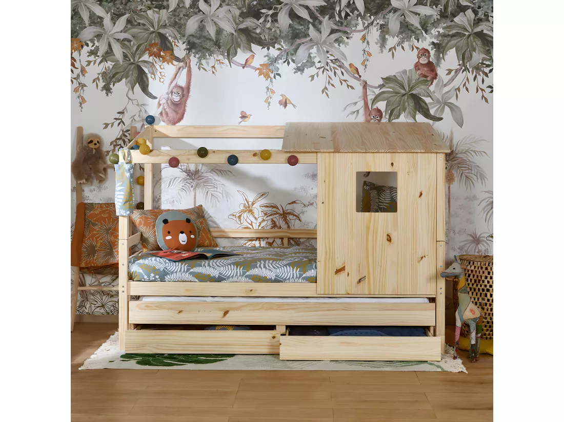 Pack lit cabane gigogne avec 2 matelas 90x200 cm bois massif bois naturel ALMA