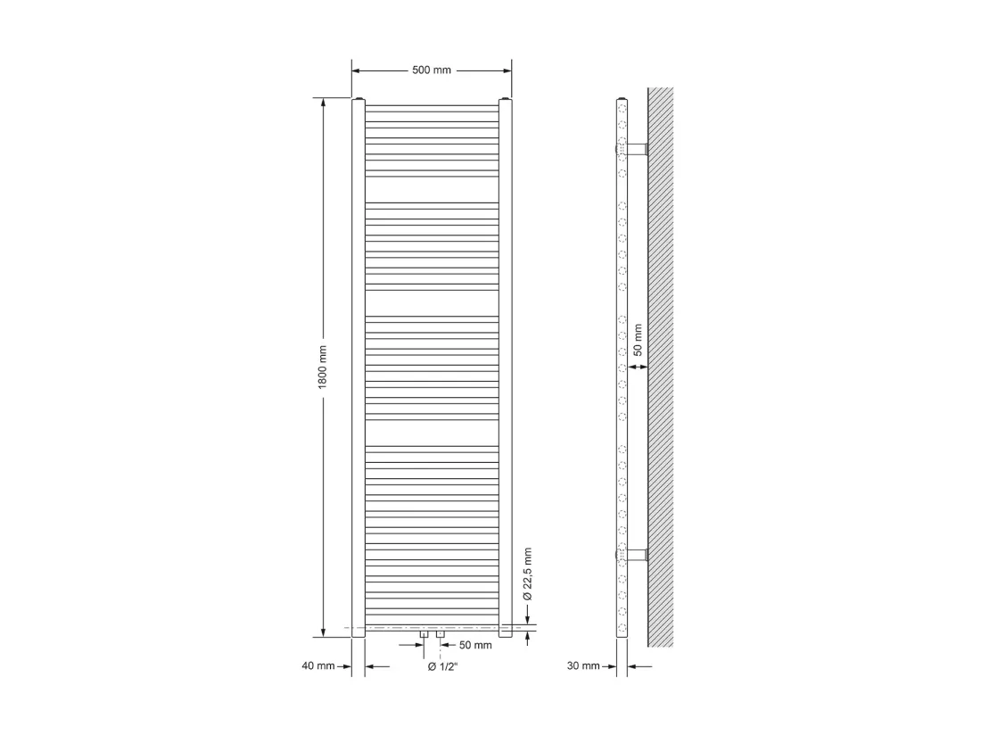Radiateur sèche-serviette salle de bain droite blanc connexion central 50x180 cm