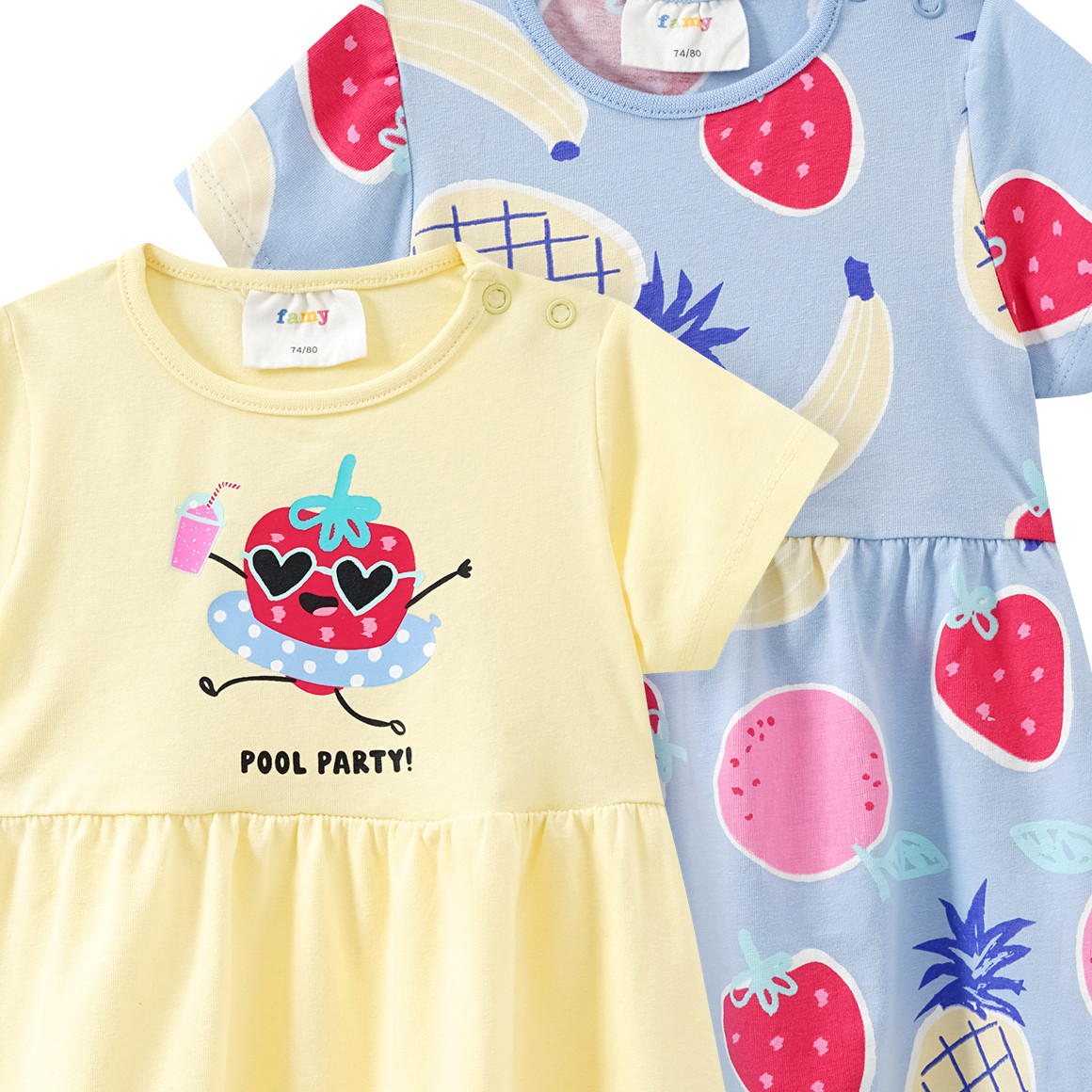 Famy 2 Baby Kleider mit bunten Motiven hellgelb / hellblau