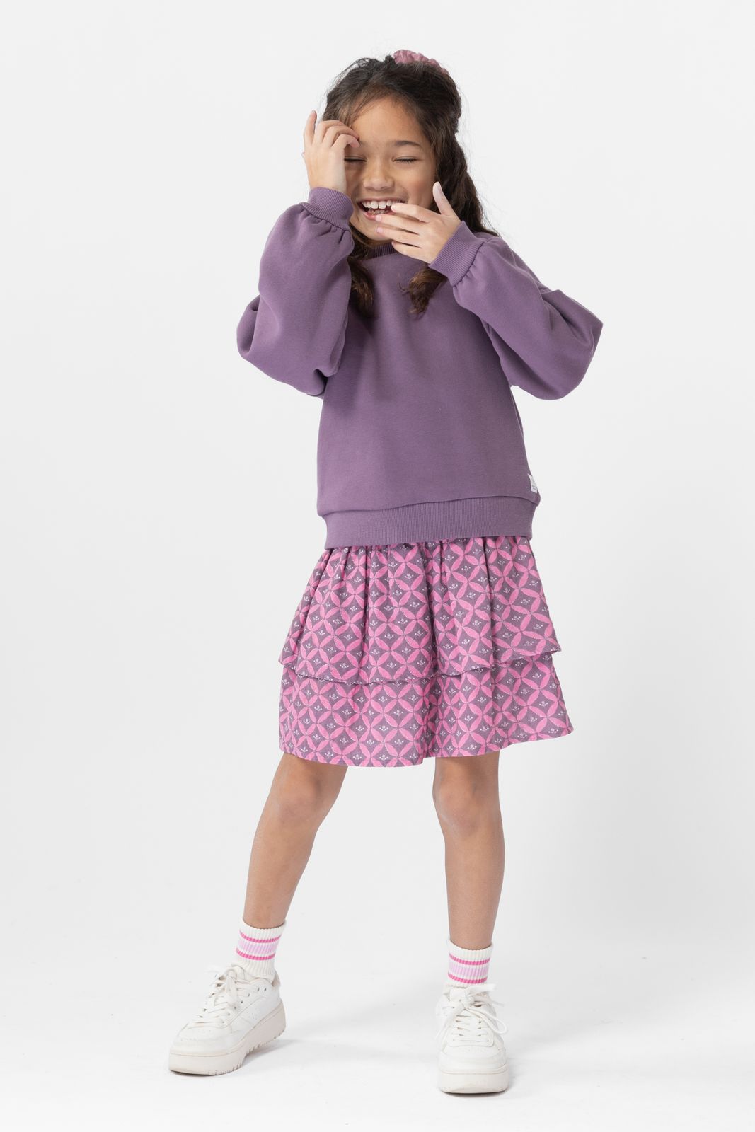 Paarse rok met ruffles en print