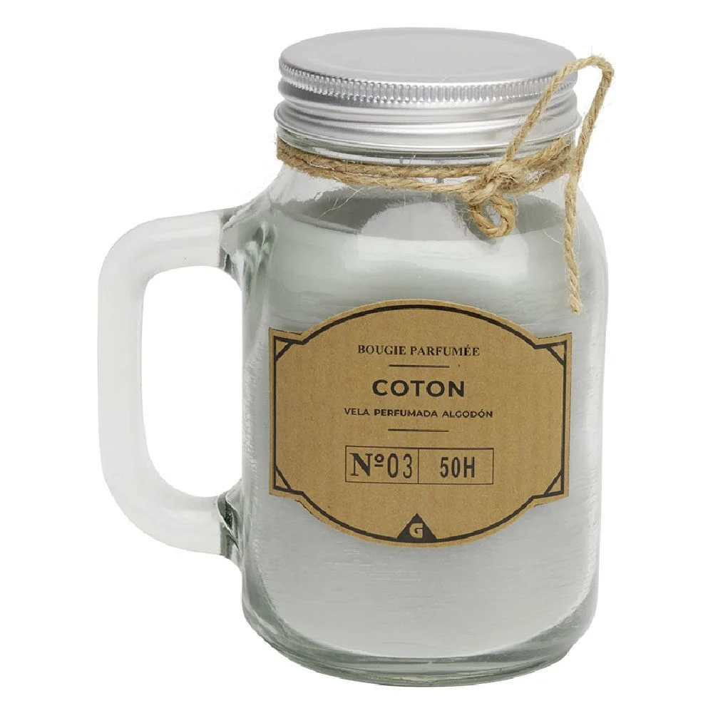 Bougie grise dans mug en verre avec couvercle - Senteur coton