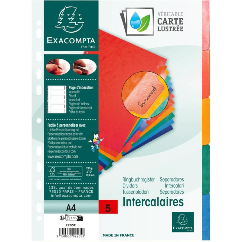 Intercalaires Carte lustrée 225 g avec onglets renforcés - 5 positions - A4
