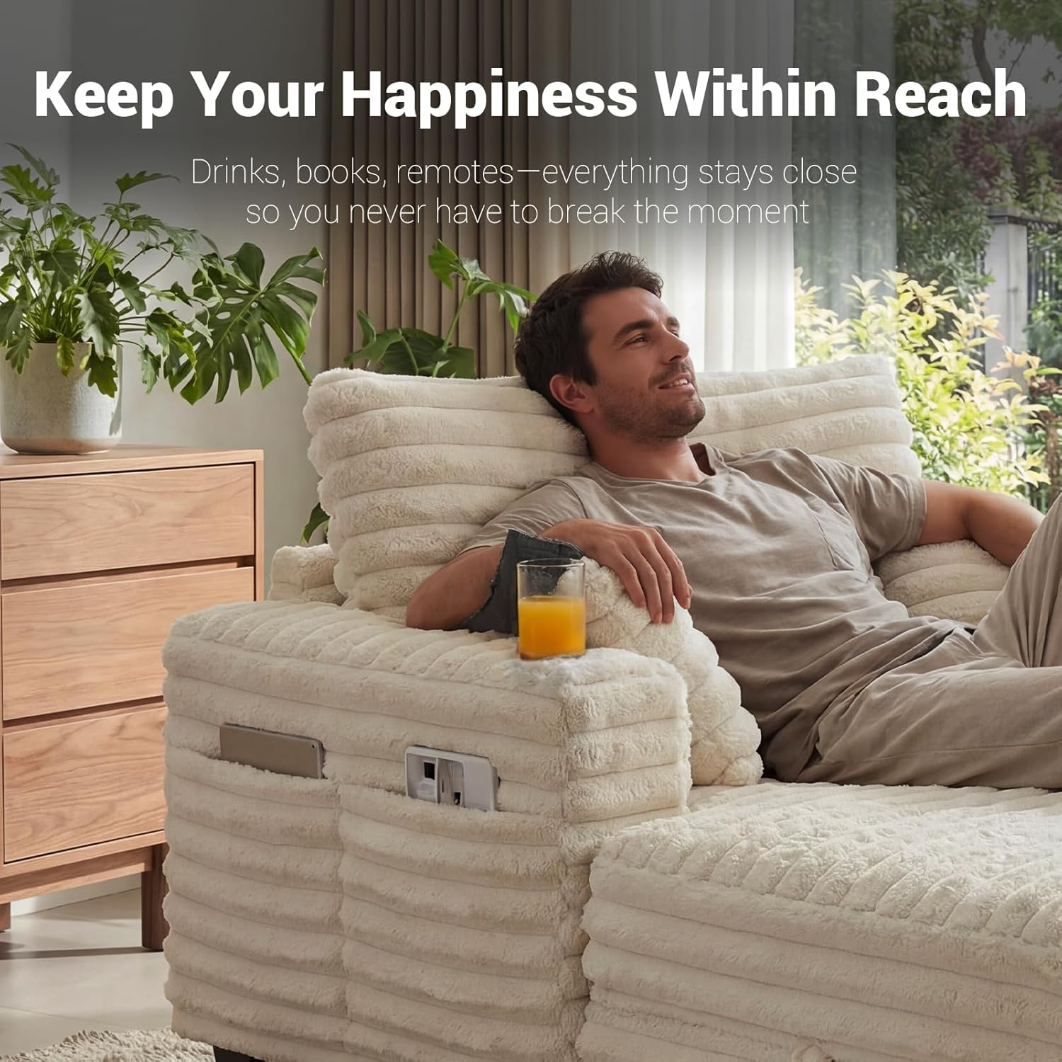 Oversized Chaiselongue Sofa, 163 cm Großer Schlafsessel mit stabilem Holzrahmen, Plüsch Cord Relaxliege mit 2 Getränkehaltern & 4 Taschen, Liegesessel für Wohnzimmer (Beige)