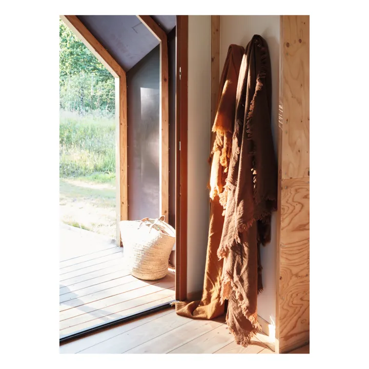 Maison de Vacances Plaid Vice Versa frangé en lin lavé froissé | Havane/Givré