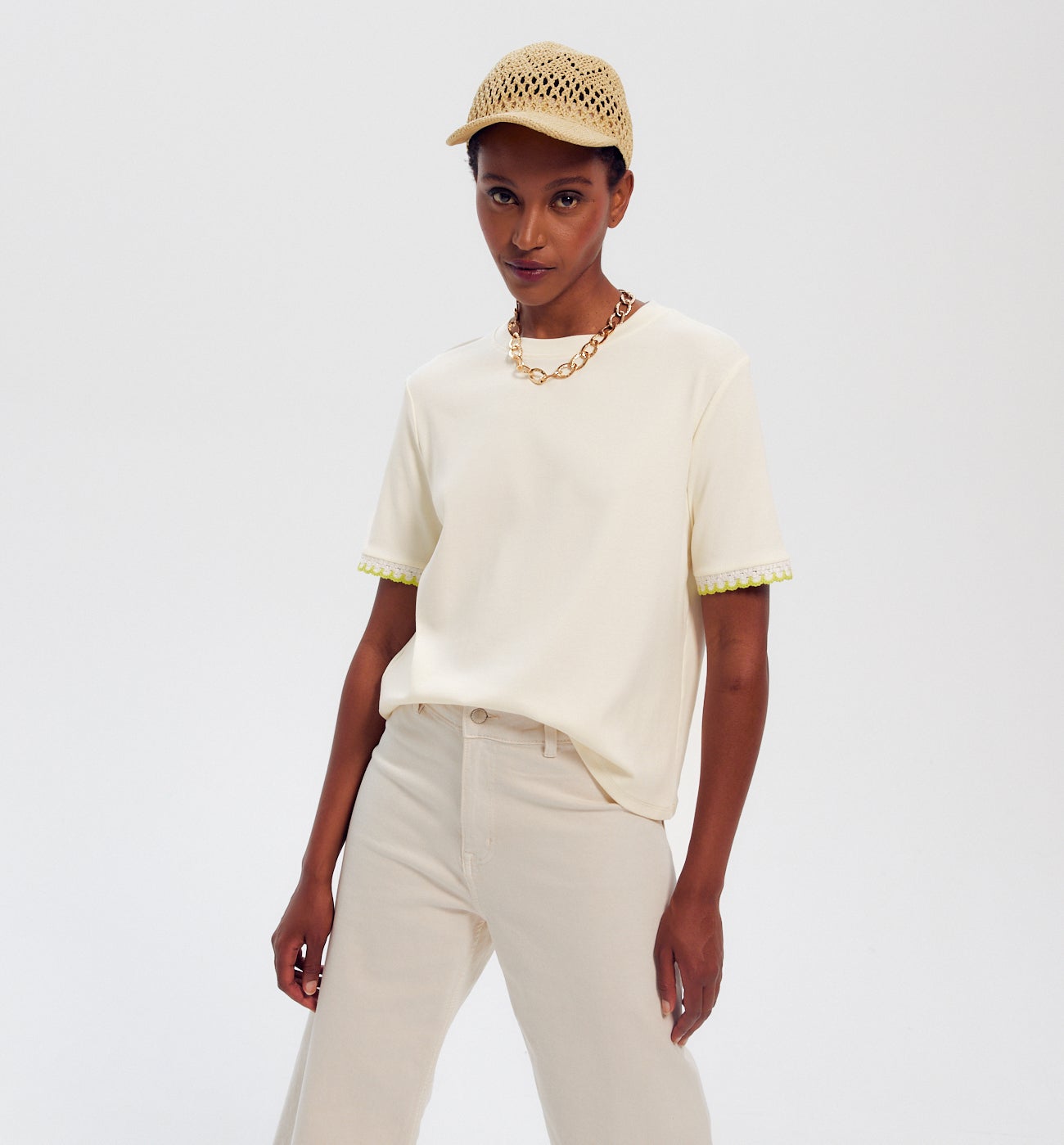 T-shirt détail crochet Femme - Ecru