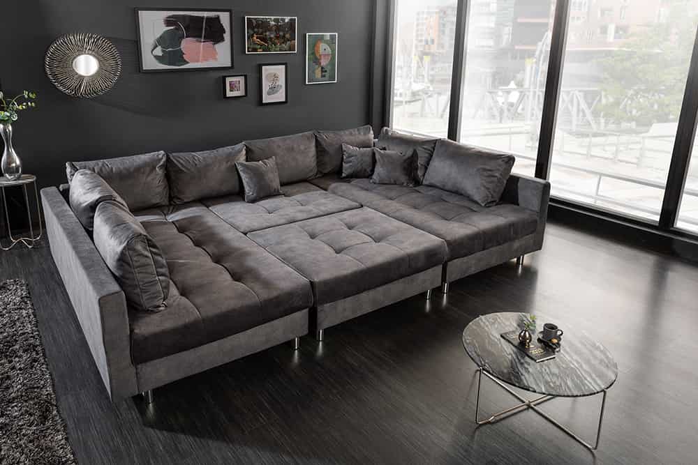 Moderne XXL Wohnlandschaft KENT 305cm grau Samt Bigsofa inkl. Hocker Federkern