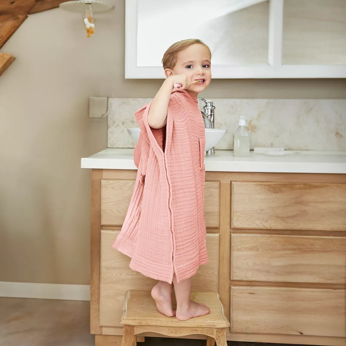 Poncho de bain enfant gaze de coton 2/5 ans Gaïa Rose pêche