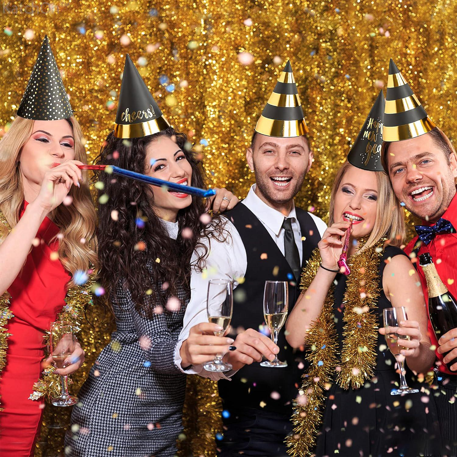 (4er Set) 18.5cm Party Hut Happy New Year Silvester Accessoire - Schwarz / Gold