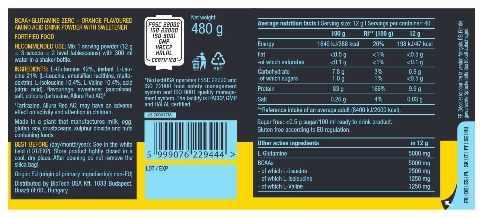 Biotech USA BCAA + Glutamina Zero 480 g
