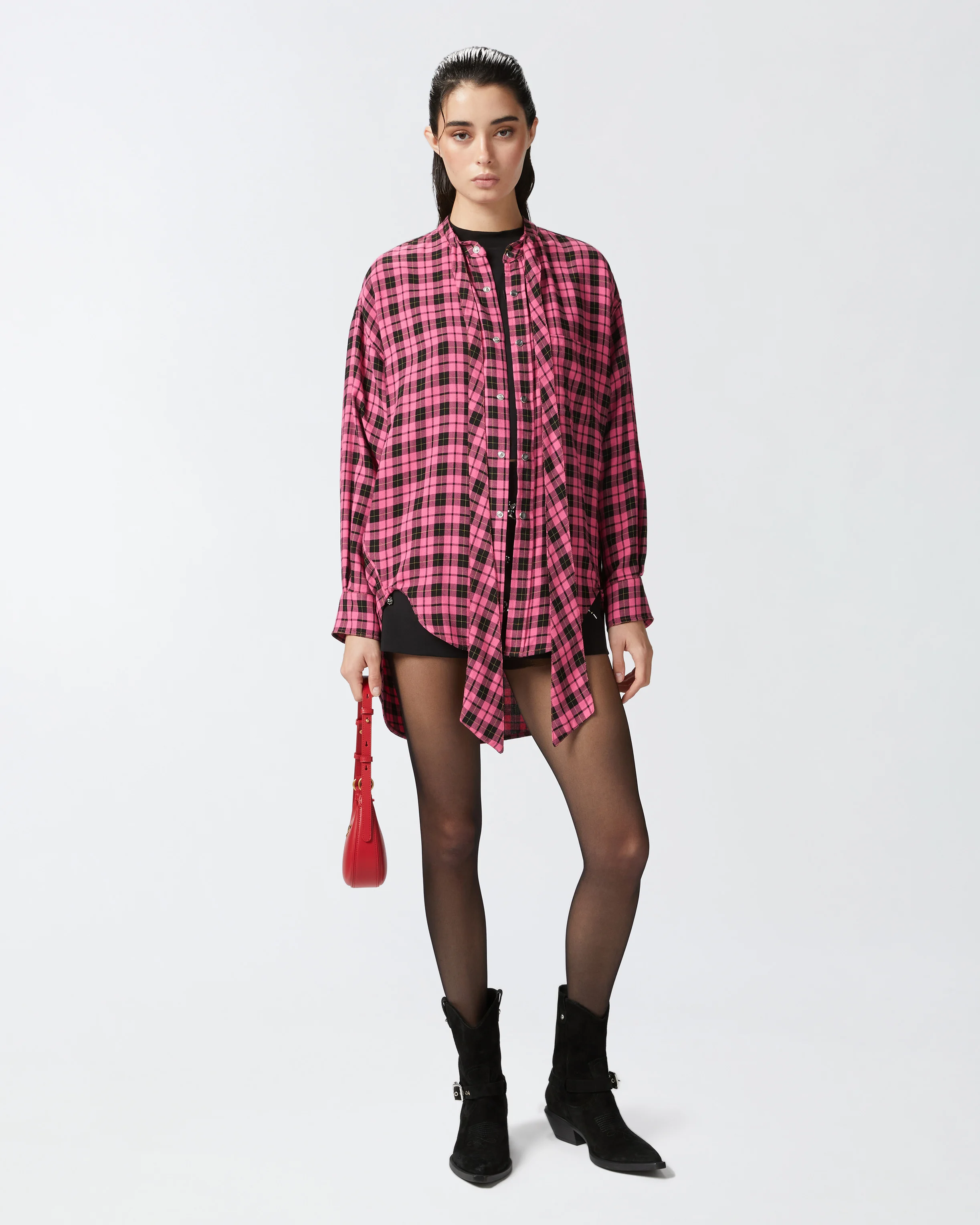 Chemise longue à carreaux avec col lavallière | Multicolore