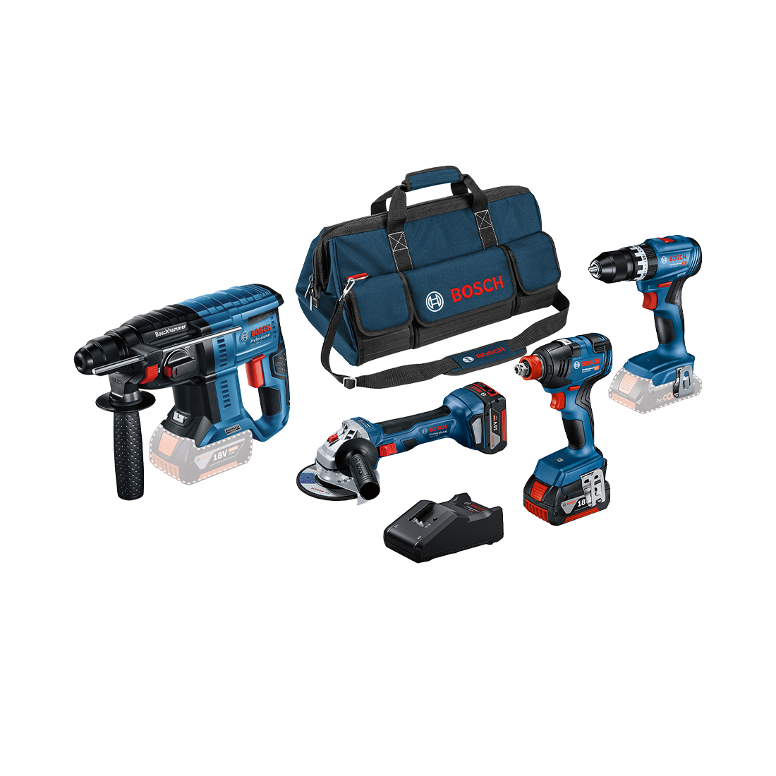 Bosch 4 Tool 18V Profi Set GSB+GDX+GWS+GBH+GAL, 2 x 5.0 Ah inkl. Tasche
