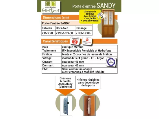 Porte D'Entrée Bois Vitrée, Sandy, H,215Xl,90 P, Droit Cote Tableau