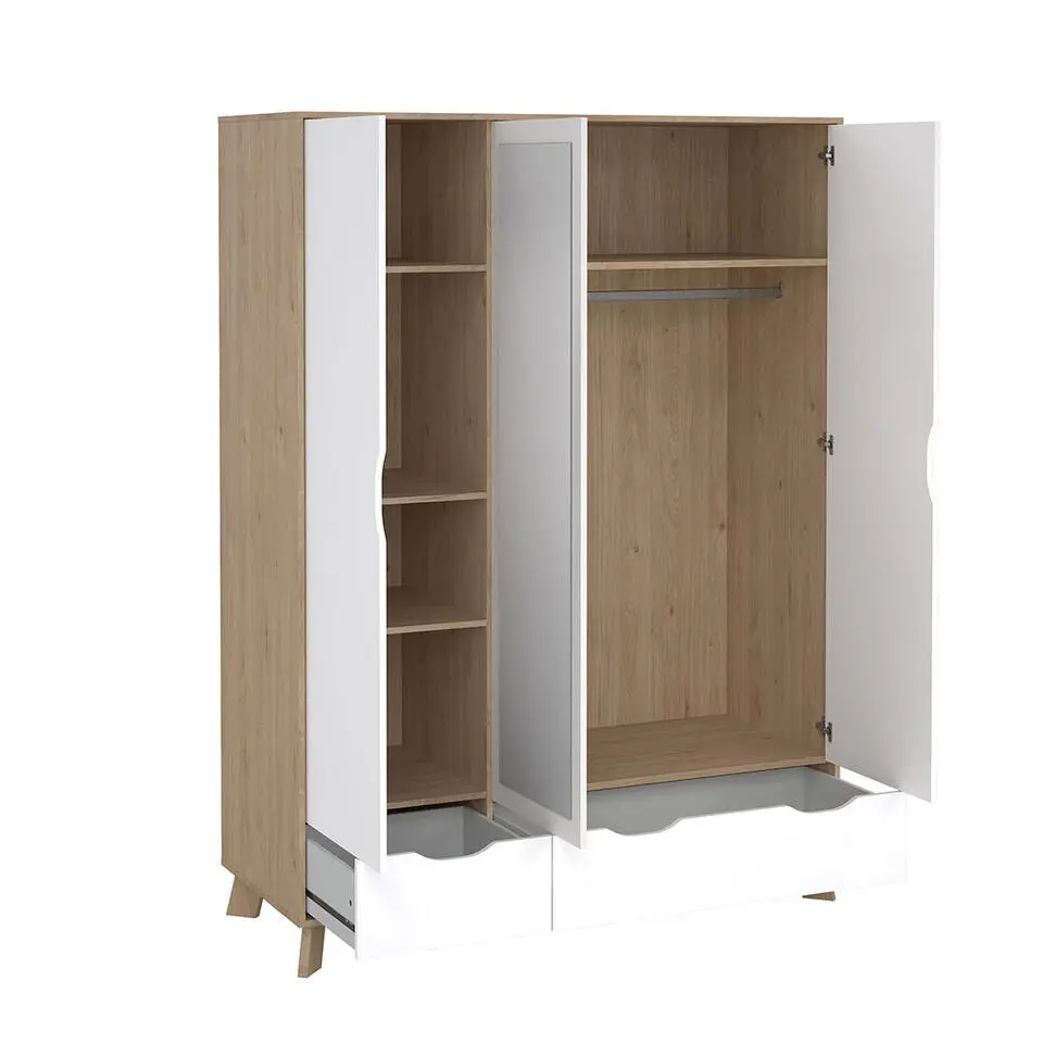 Hioshop Ikast kledingkast 201x148x58cm- 2 deuren- 1 spiegeldeur- 2 lades eiken