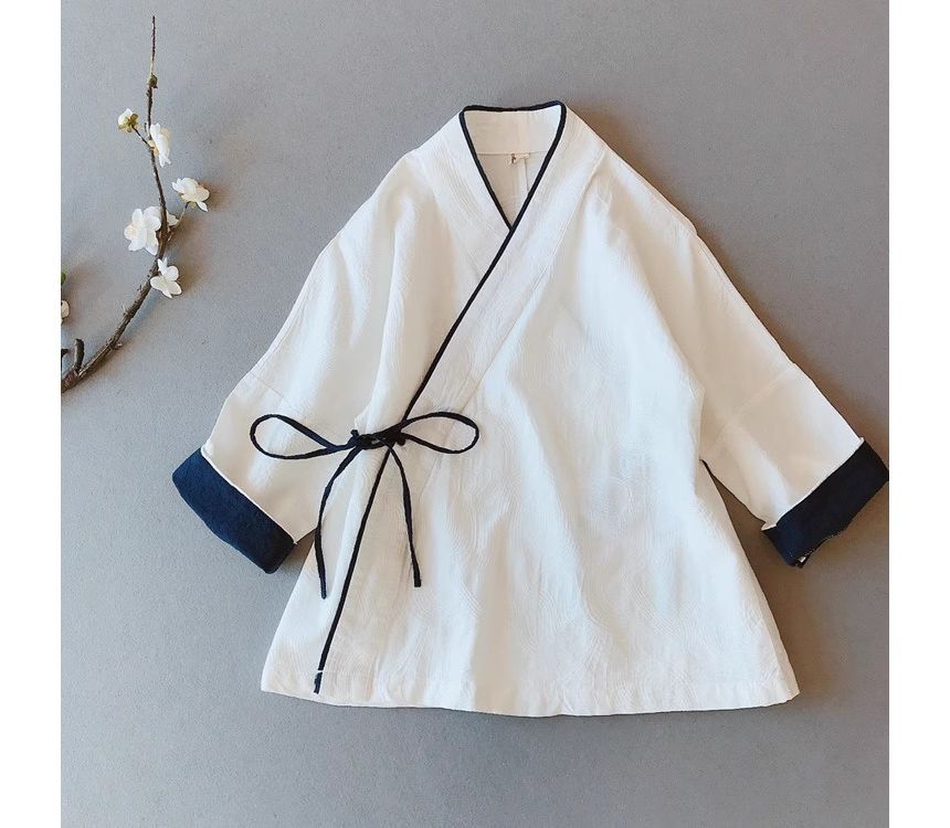 CosmoCorner - Hanfu-top met V-hals, elleboogmouwen en contrasterende bies / effen broek met wijde pijpen en middelhoge taille