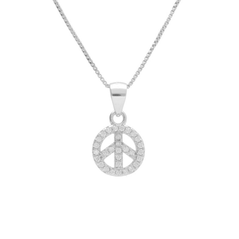 Collier Argent 925/000 Rhodié - Motif Peace and Love Pavé de Zirconiums