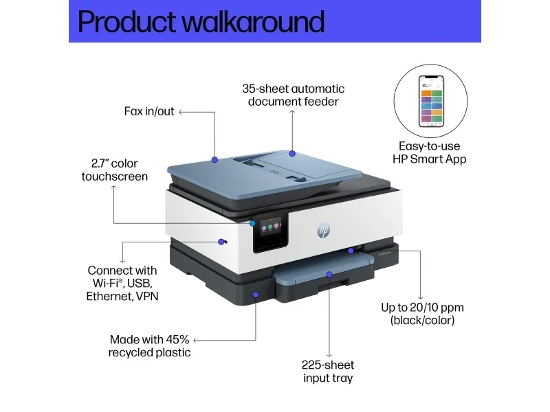 HP Officejet Pro 8125e All-in-One - Multifunktionsprinter - farve - blækprinter - Legal (216 x 356 mm) (original) - A4/Legal (medie) - op til 12 spm (kopiering) - op til 20 spm (udskriver) - 225 ark - USB 2.0, Wi-Fi(ac), LAN - mørk surf blå