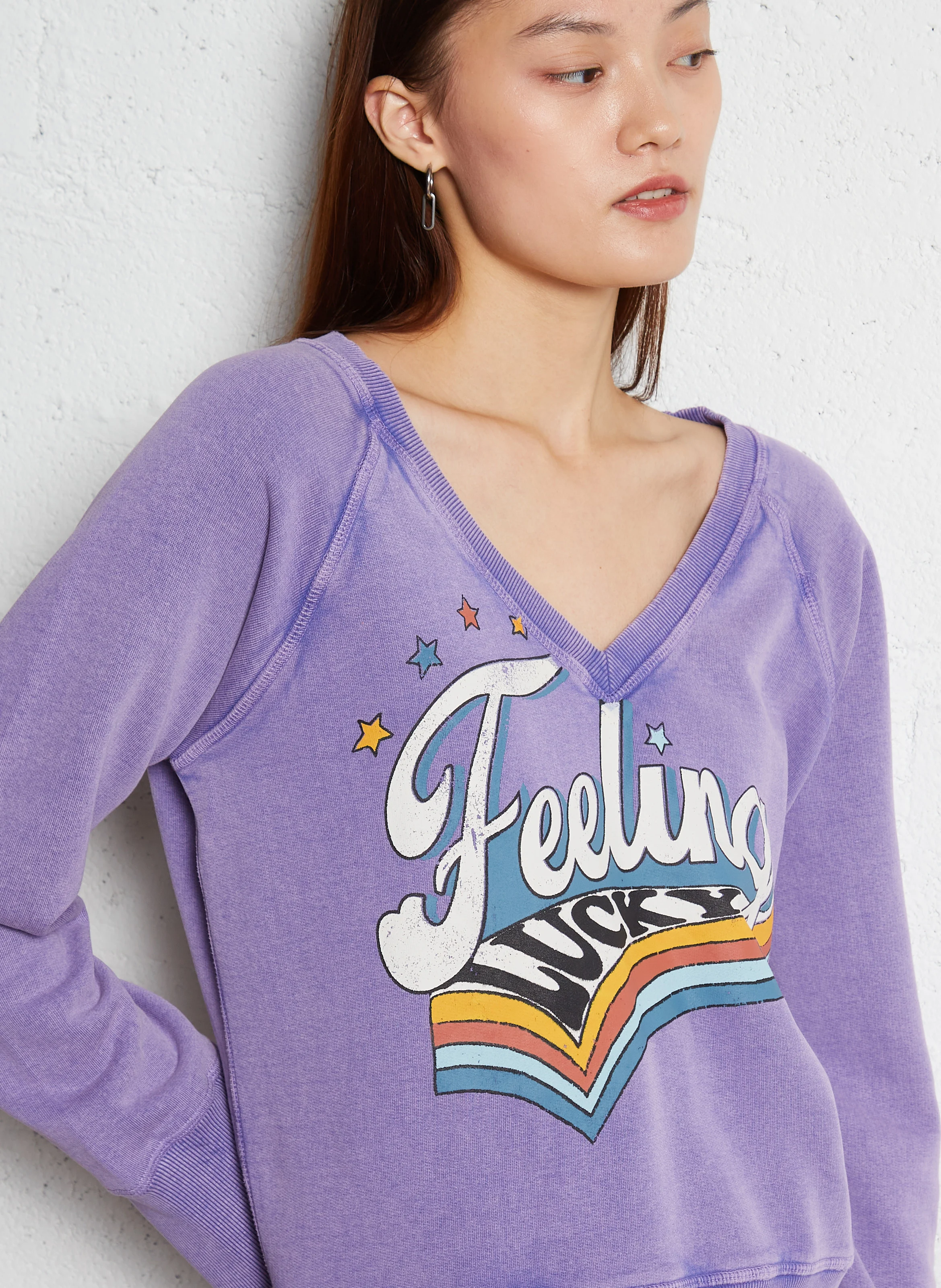 SHAVI - Sweat coupe droite col V en coton bio mélangé | Violet