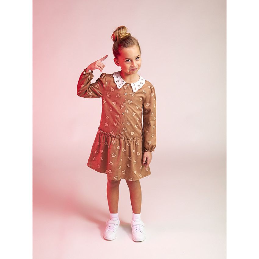 Robe manches longues en voile de viscose imprimé coeurs pour fille - Marron