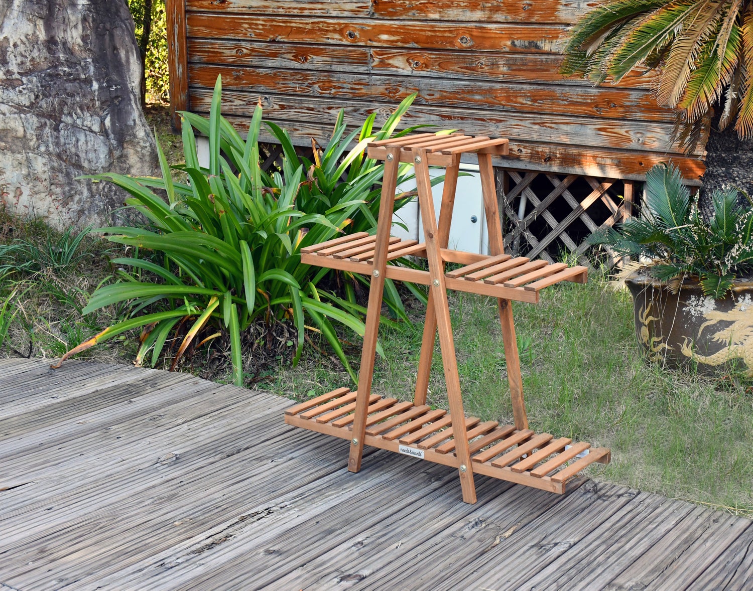 needs&wants® Houten plantenstandaard/bloemenstandaard, weerbestendig voor binnen- en buitengebruik, balkon-/tuin-/muurgebruik, plantenplank/bloementrap, 83 x 28 x 83 cm hoog, bruin