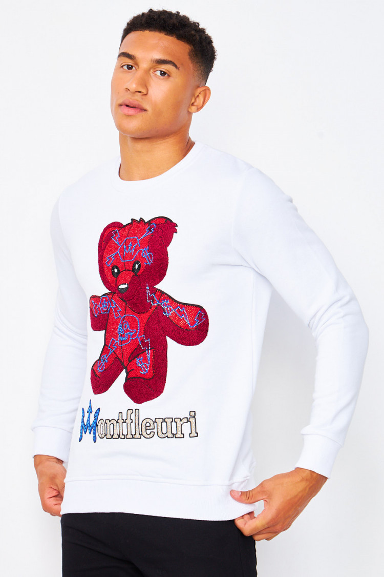 Sweat blanc Ourson rouge en strass