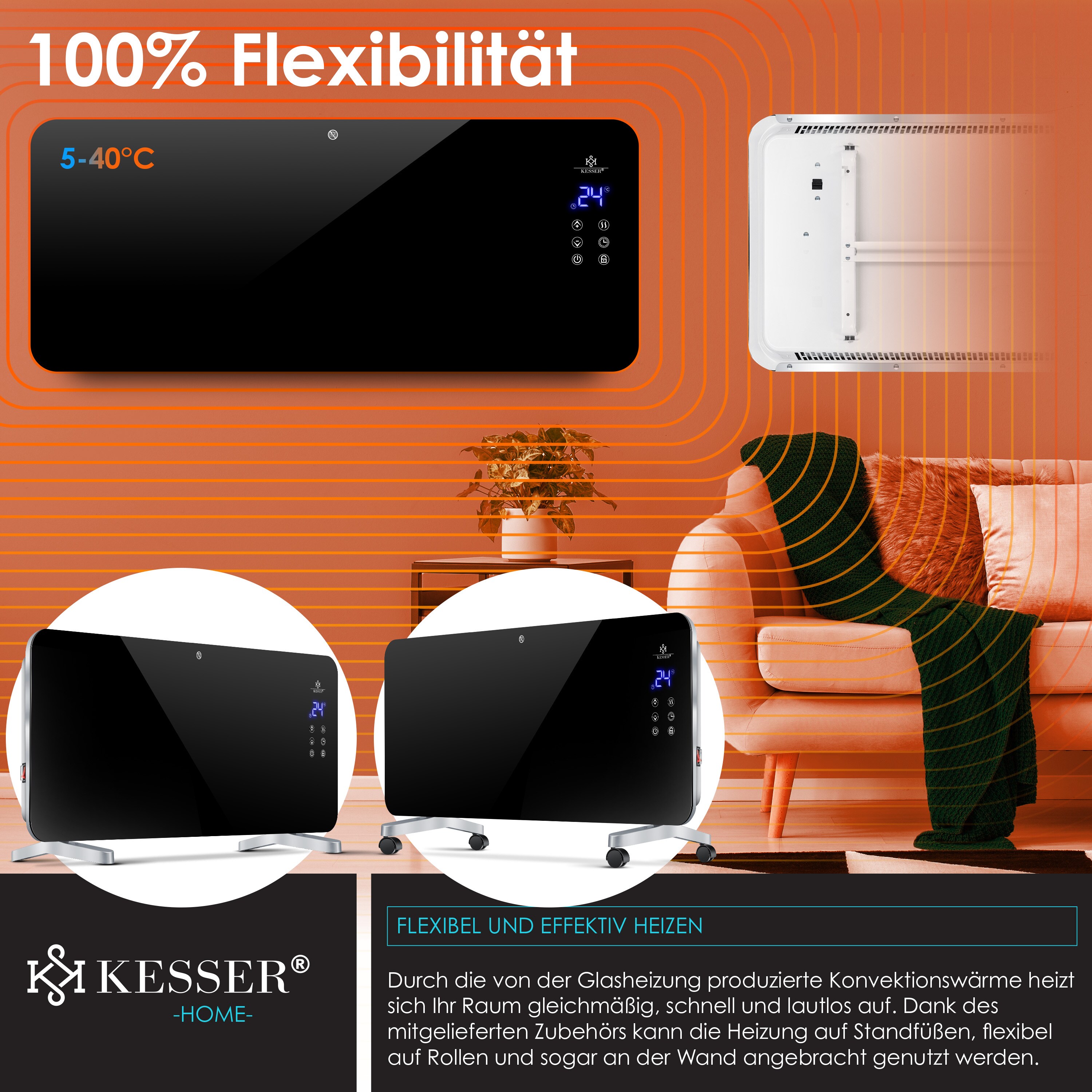 KESSER® Elektro Glasheizung Konvektor Elektroheizung Heizung Heizkörper Touch Display