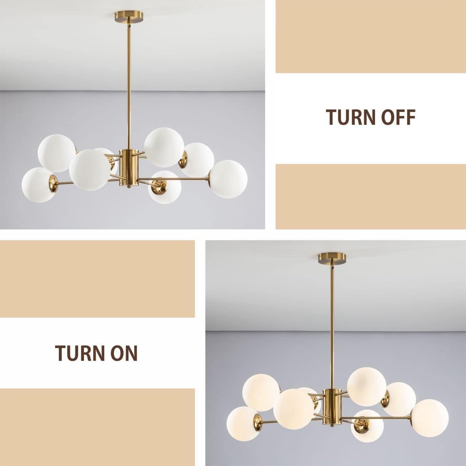 KCO Lighting 8-flammiger Sputnik-Kronleuchter aus Weißem Glas, Moderne Goldene Sputnik-Kronleuchter für das Wohnzimmer, Goldene Vintage-Pendelleuchte mit 8 Lichtern für die Kücheninsel