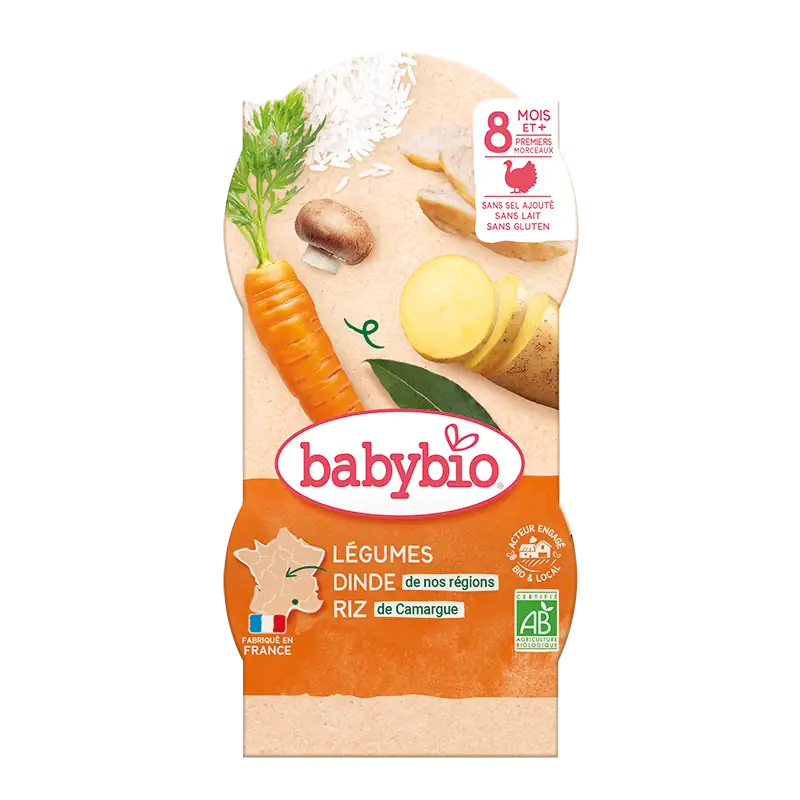 Repas bébé midi Légumes Dinde De Nos Regions Riz De Camargue Bols - 2x200g