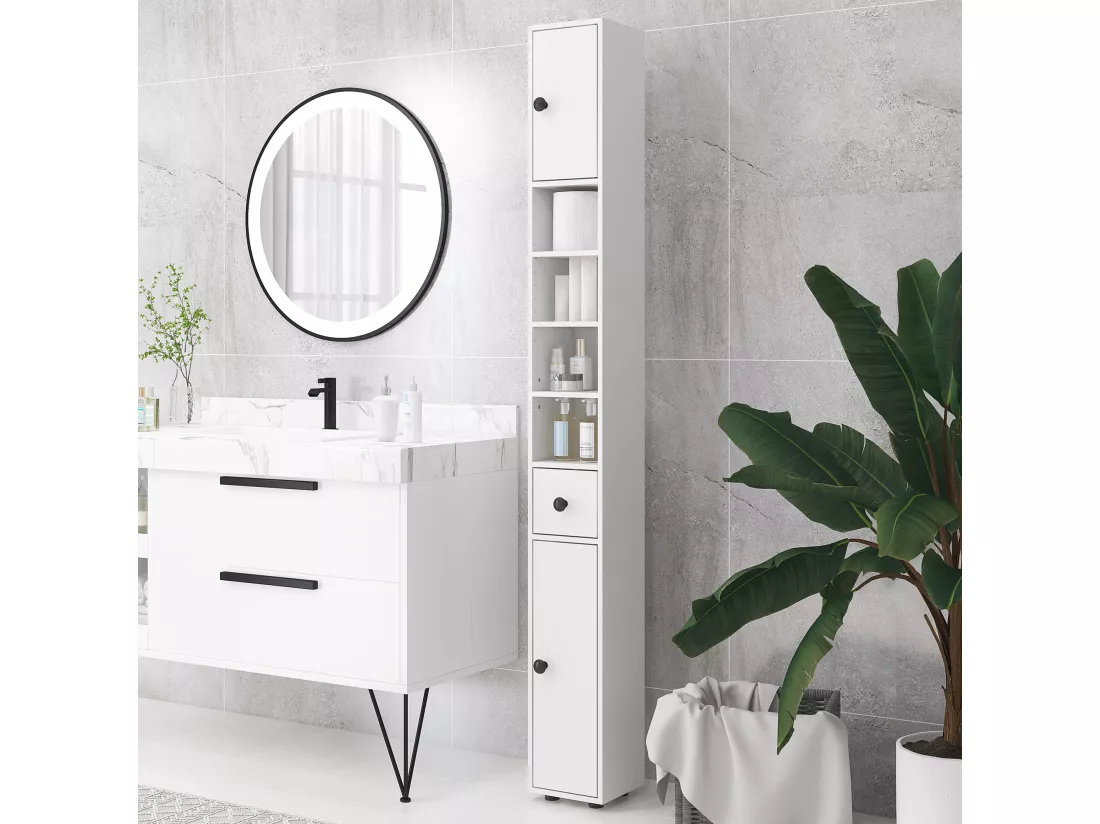 Meuble colonne salle de bain 2 portes 2 étagères 4 niches tiroir poignées métal noir panneaux blanc