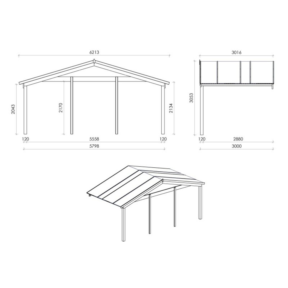 Abri de jardin en bois - 6x5 m - 48 m2 + terrasse avec balustrade et avant-toit en bois