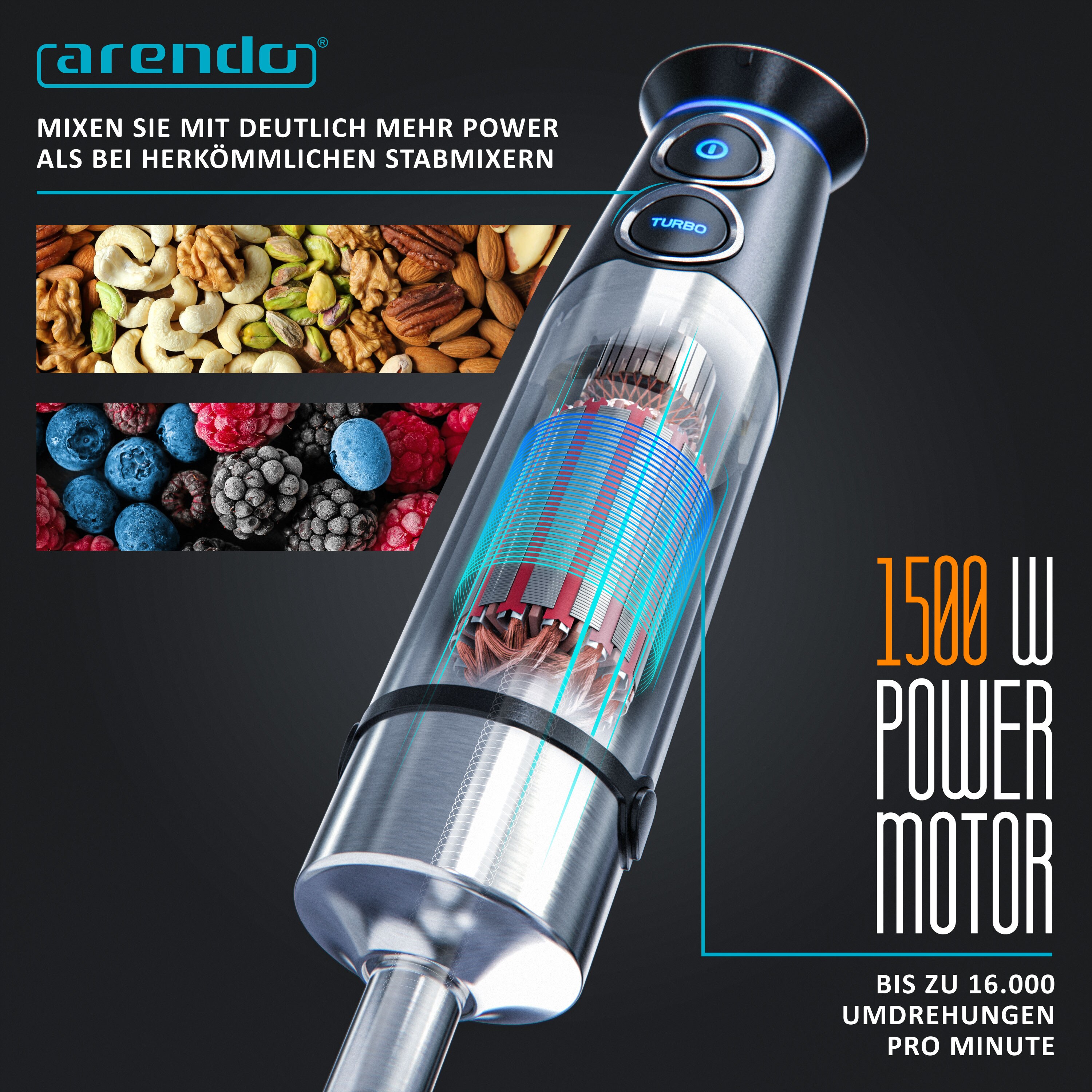 Arendo Stabmixer Edelstahl Set - Pürierstab - stufenlose Geschwindigkeit + Turbotaste