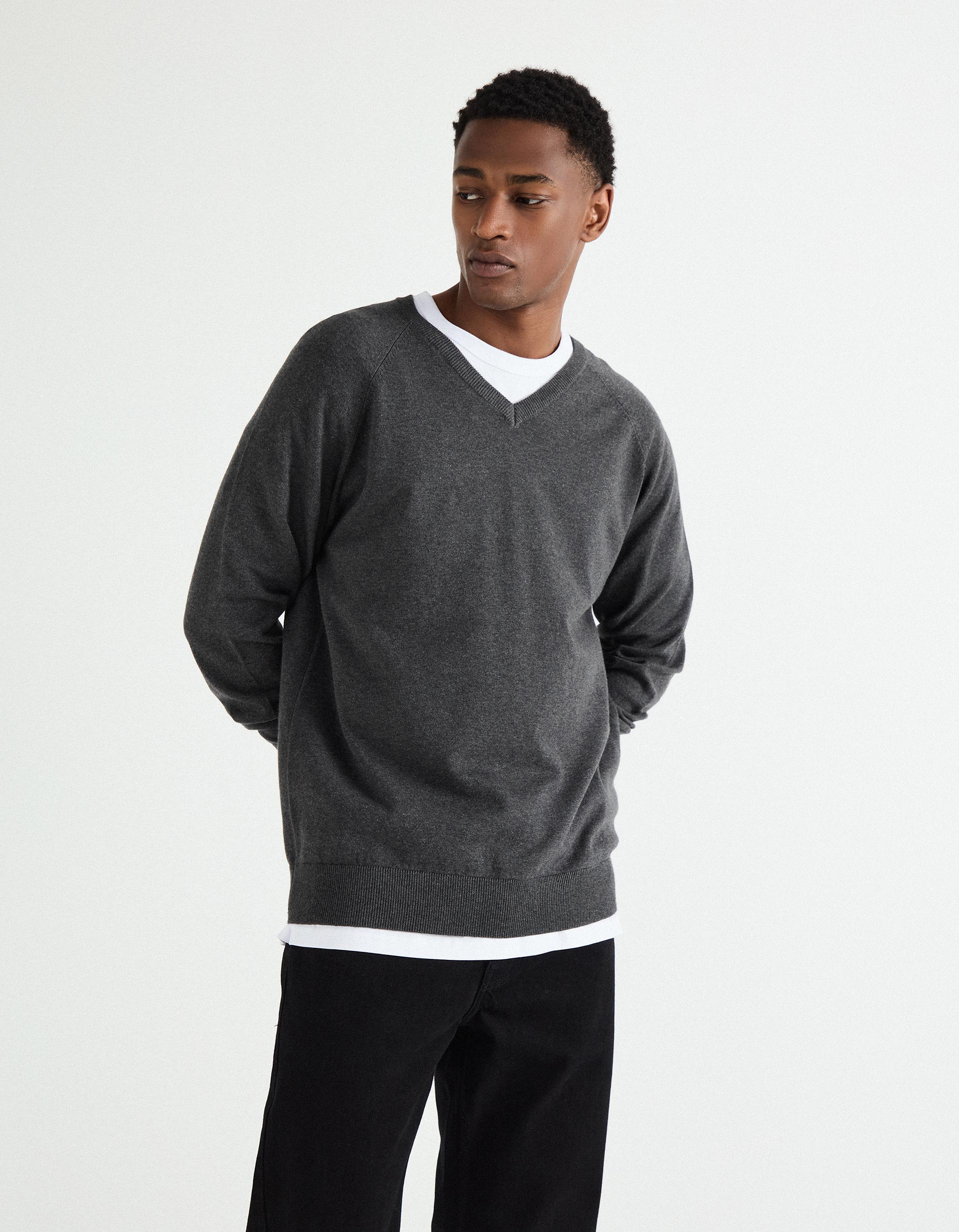 Camisola de Malha Decote em V, Homem, Cinzento Escuro