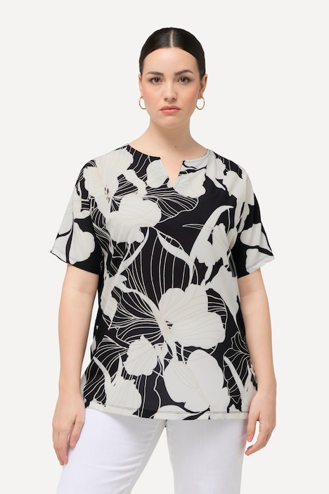 T-Shirt, Blüten, Oversized, Tunika-Ausschnitt, Halbarm