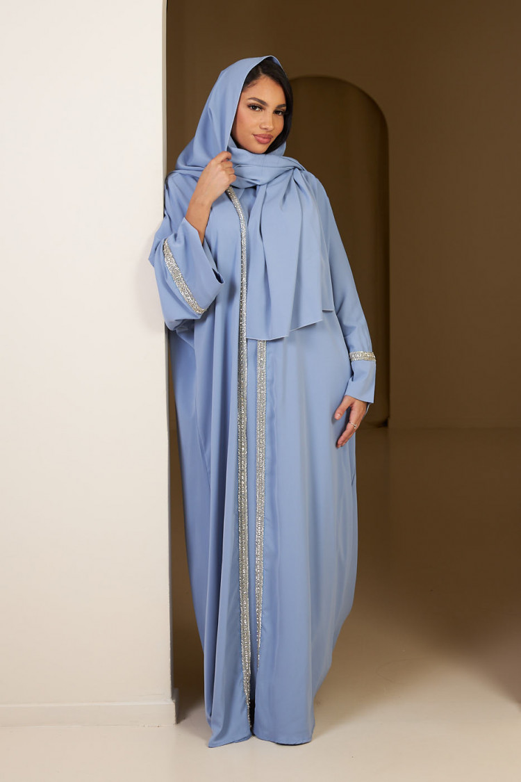 Ensemble 3 pièces abaya + gilet + voile à perles bleu clair