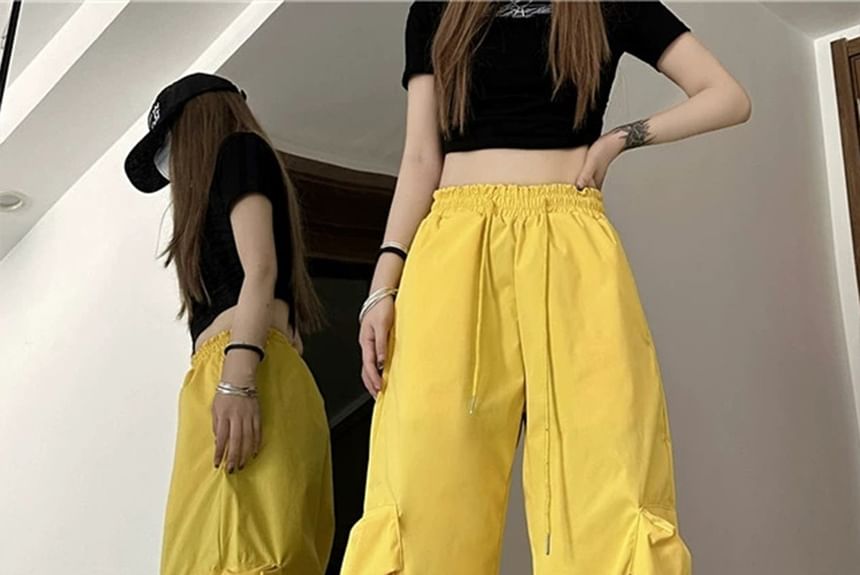 Mushini - Mid Rise Plain Drawstring Cargo Baggy Pants