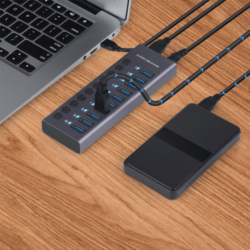 10-fach Aktiver Aluminium USB 3.0 Hub Steuerung Tastenschalter 300Mb/s   Netzteil (12V/5A) - Schwarz