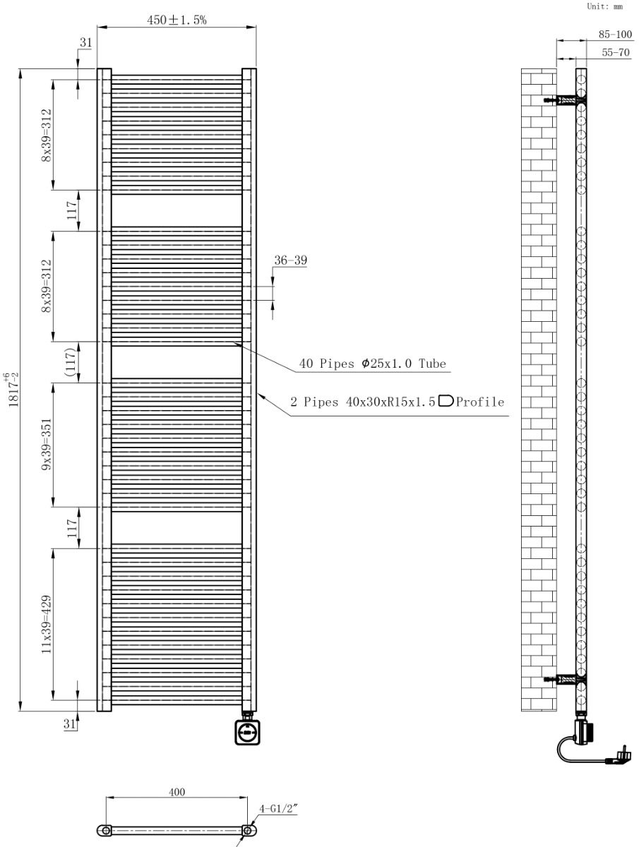Calor Elara elektrische radiator met Smart Wifi 45x181.7cm mat zwart 1000W