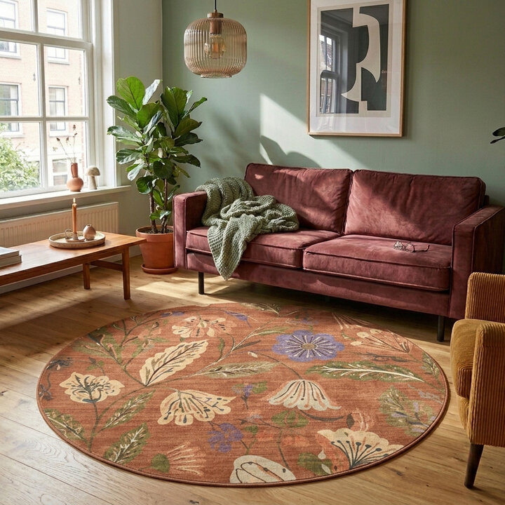 Rond wasbaar vloerkleed - Misty Flowers Terracotta | Wasbaar