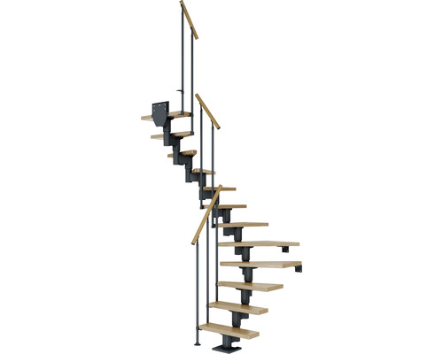 Pertura Spiros middentrap, antraciet, halve draai, 75 cm, eiken gelakte balustrade, 11 treden / 12 stootborden
