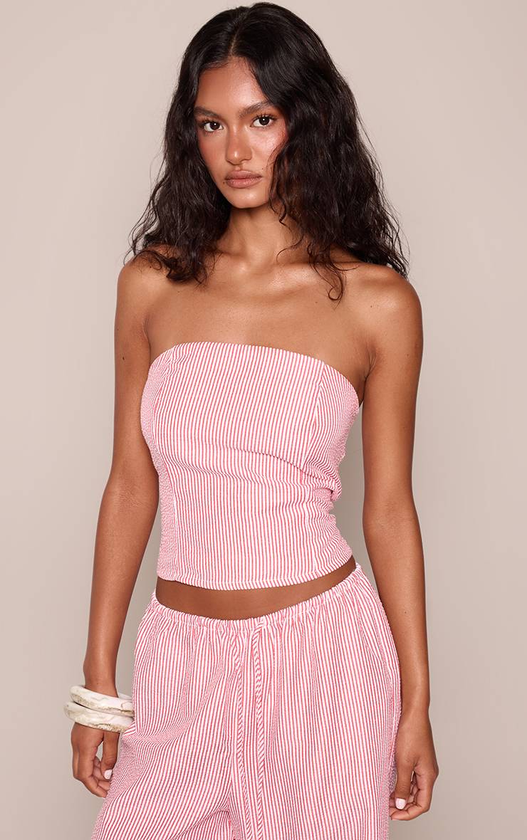 Rouge Ensemble Haut Bandeau Corset À Laçage Dos À Rayures Fines