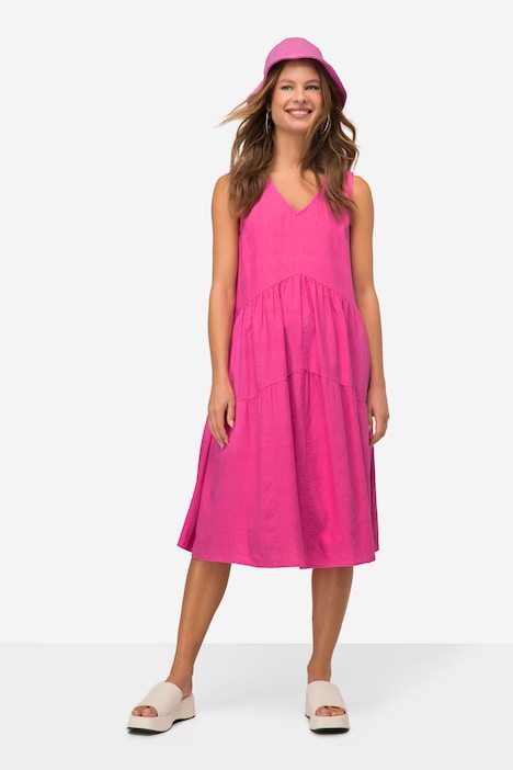 Leinenmix-Kleid, uni, V-Ausschnitt, ärmellos