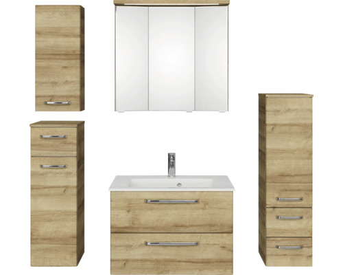 Pelipal Kumba badkamermeubelset (B x H x D): 137 x 200 x 50 cm, frontkleur: Riviera eiken, 5-delige set inclusief witte gegoten mineraalwastafel, halfhoge kast, onderkast en bovenkast (99.770121473)