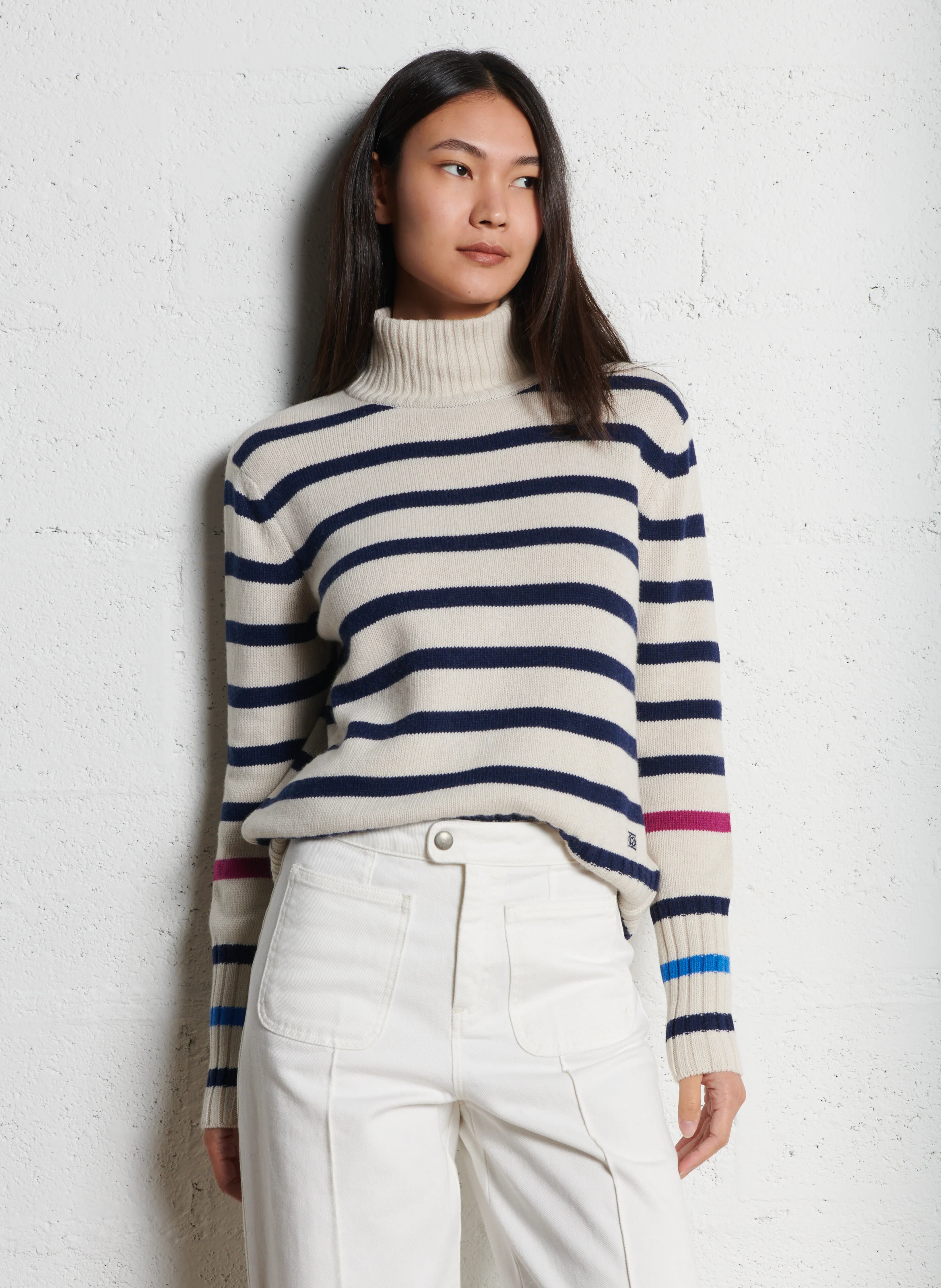 DEAUVILLE - Pull droit col montant rayé en maille mélangé | Multicolore