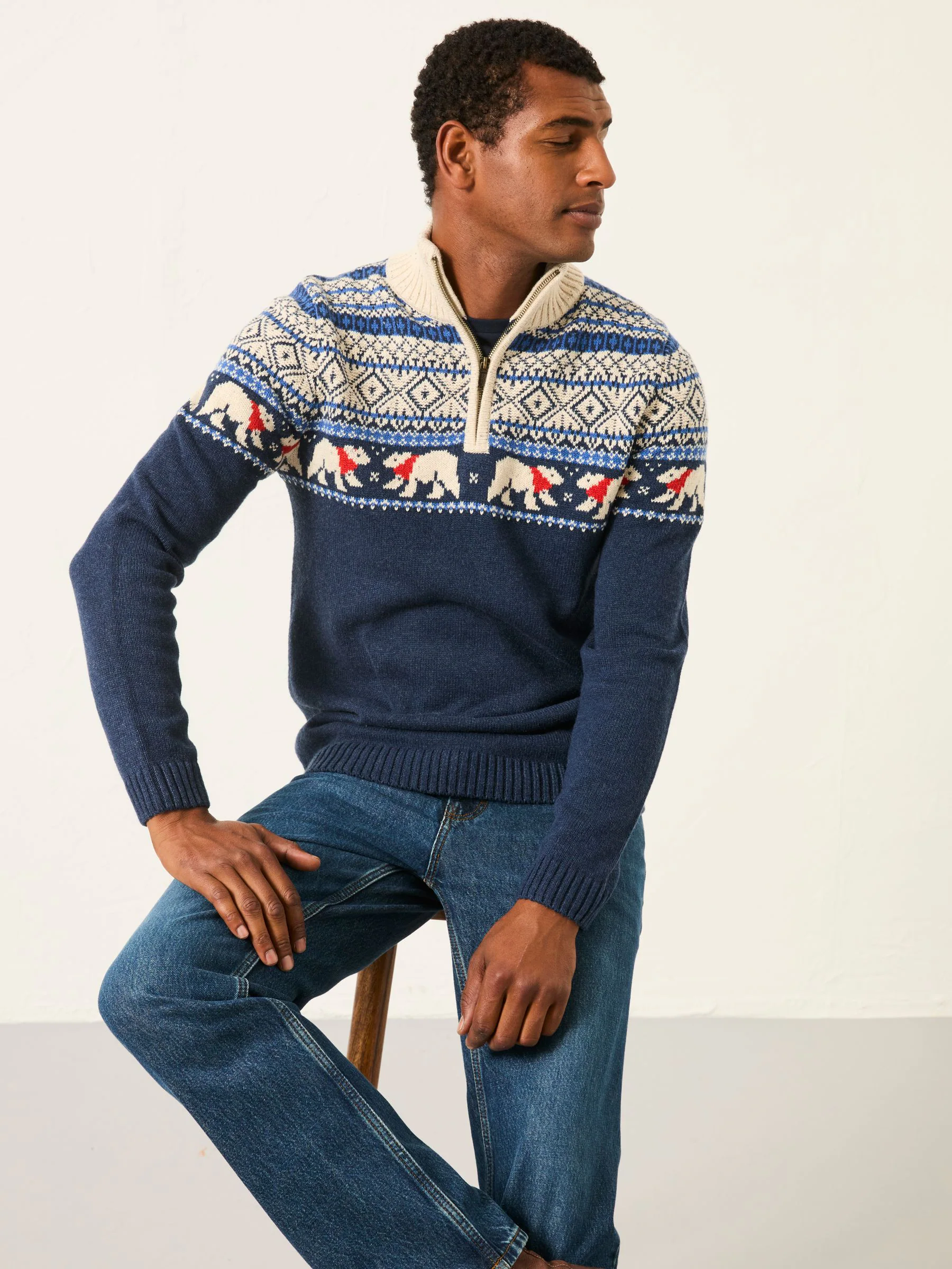 FatFace Polar Bear Knitted Fairisle Half Zip Neck Jumper
