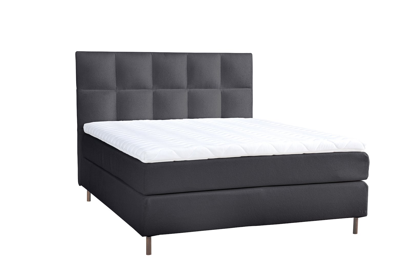 Premium 12 kontinentalseng Tekstil Bris 169 sort, medium/fast, XOV Premium 12 memoryfoam overmadrass og runde ben i røkfarget eik 15 cm